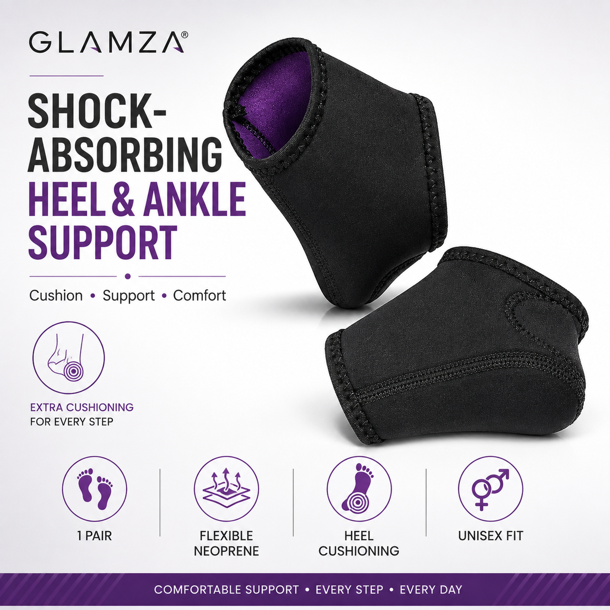 Glamza Shock-Absorbing Heel & Ankle Support Socks – Plantar Fasciitis Foot Wraps