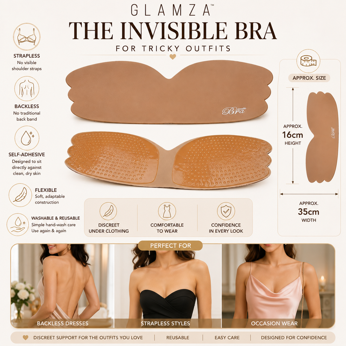 Glamza Invisible Bra – Strapless & Backless Self-Adhesive Bra