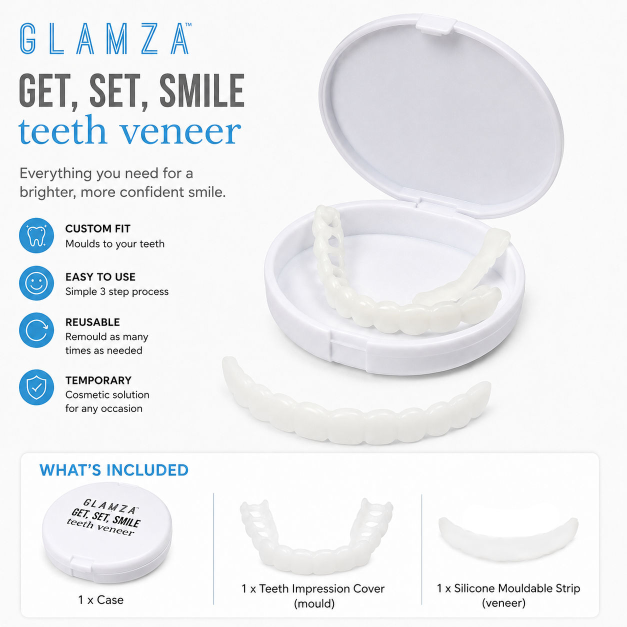 GLAMZA Get Set Smile Veneers – Temporary Cosmetic Teeth Cover