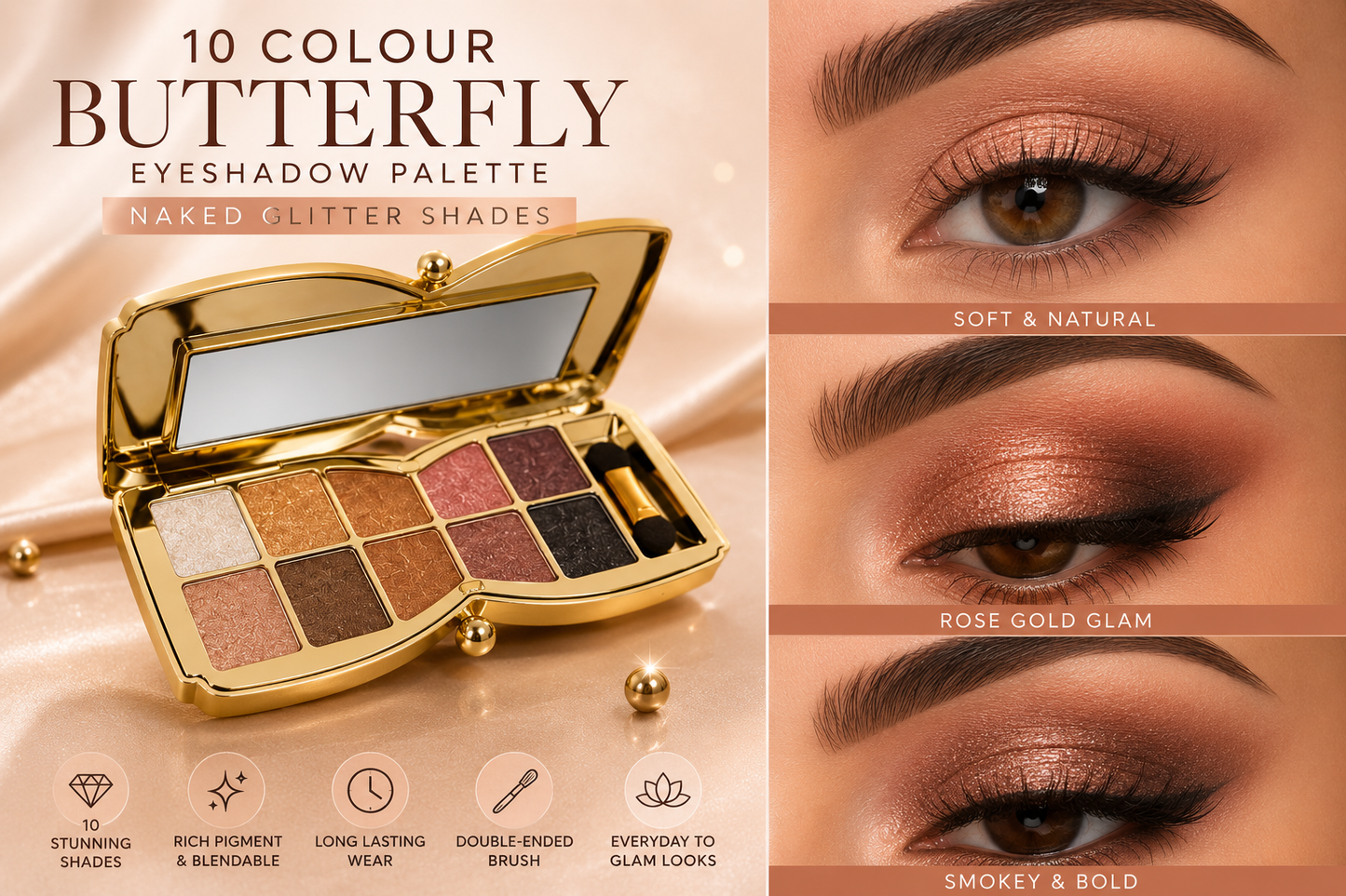 10 Colour Eyeshadow Butterfly Palette - Naked Glitter Shades