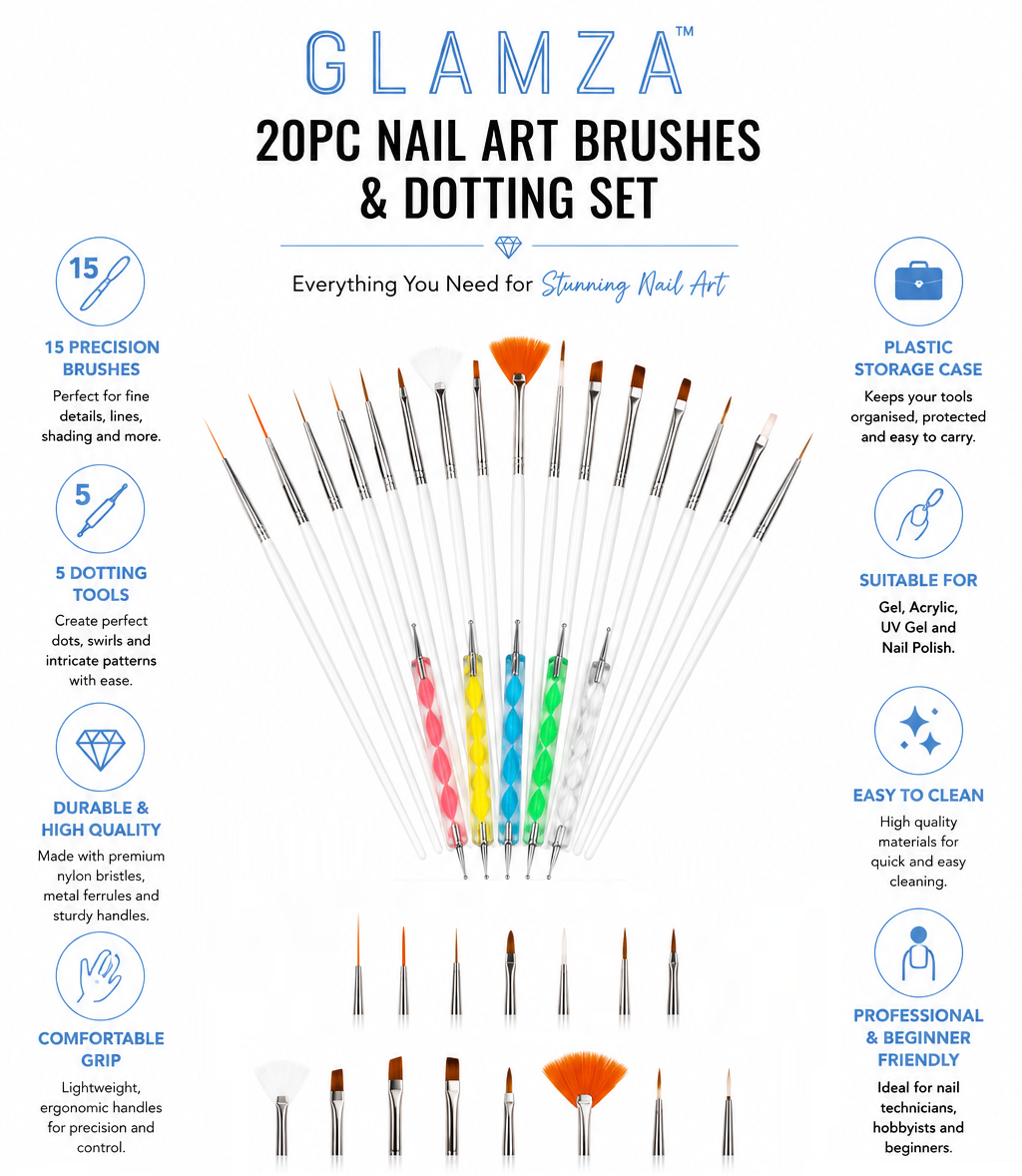 Glamza 20pc Nail Art Brushes & Dotting Set | Professional Nail Art Kit