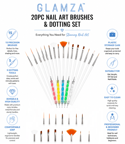 Glamza 20pc Nail Art Brushes & Dotting Set | Professional Nail Art Kit