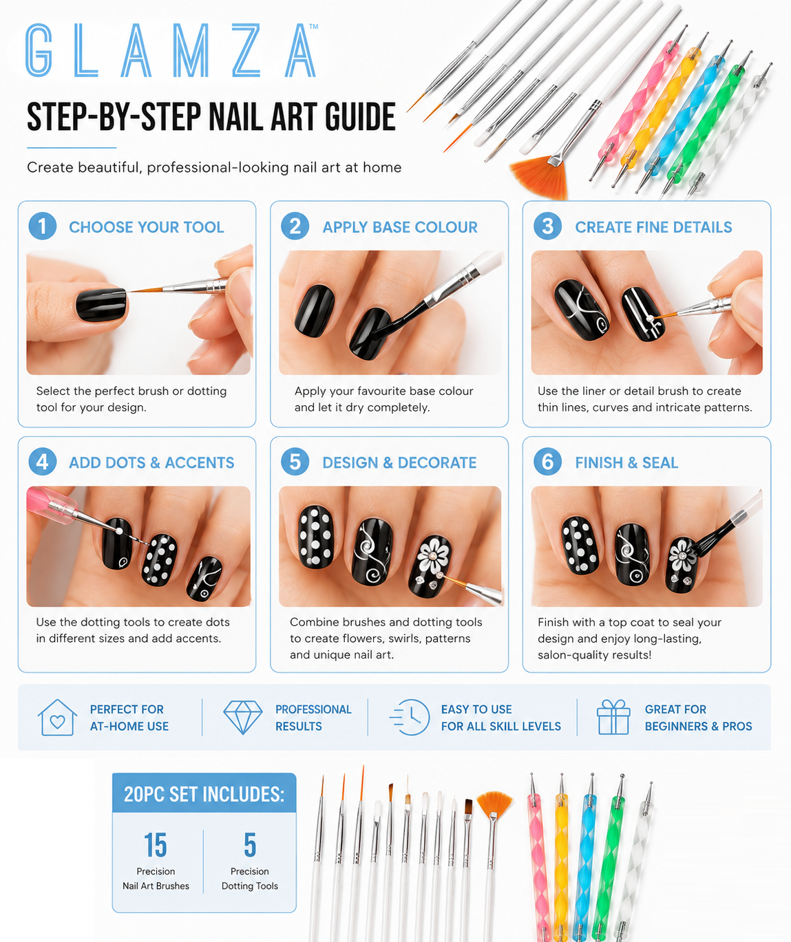 Glamza 20pc Nail Art Brushes & Dotting Set | Professional Nail Art Kit