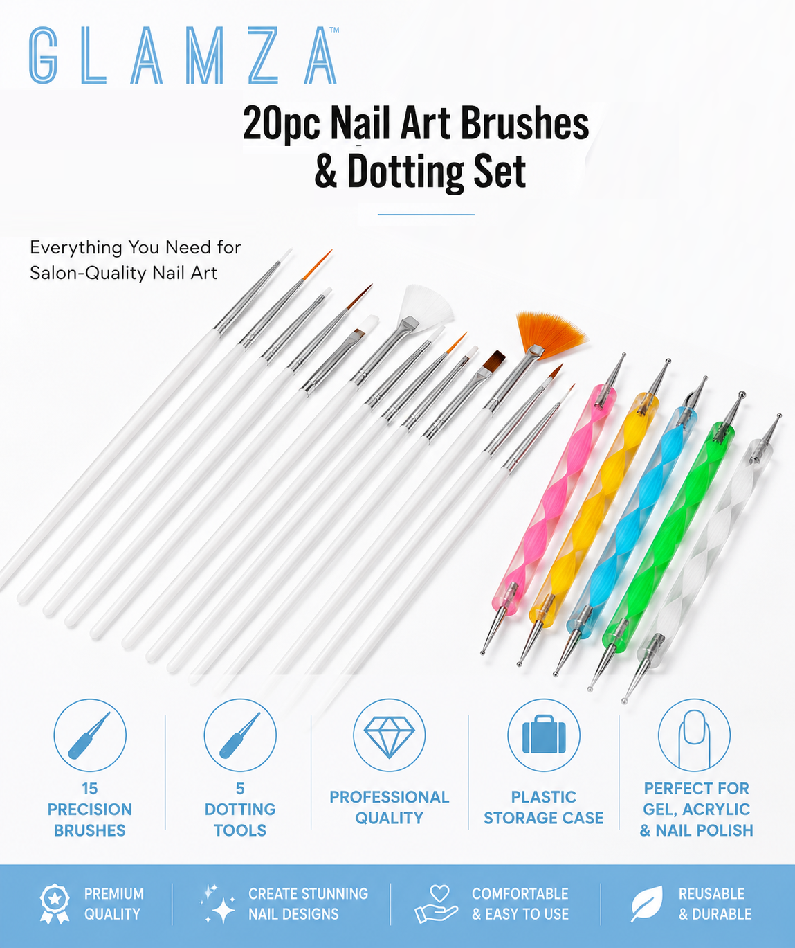 Glamza 20pc Nail Art Brushes & Dotting Set | Professional Nail Art Kit