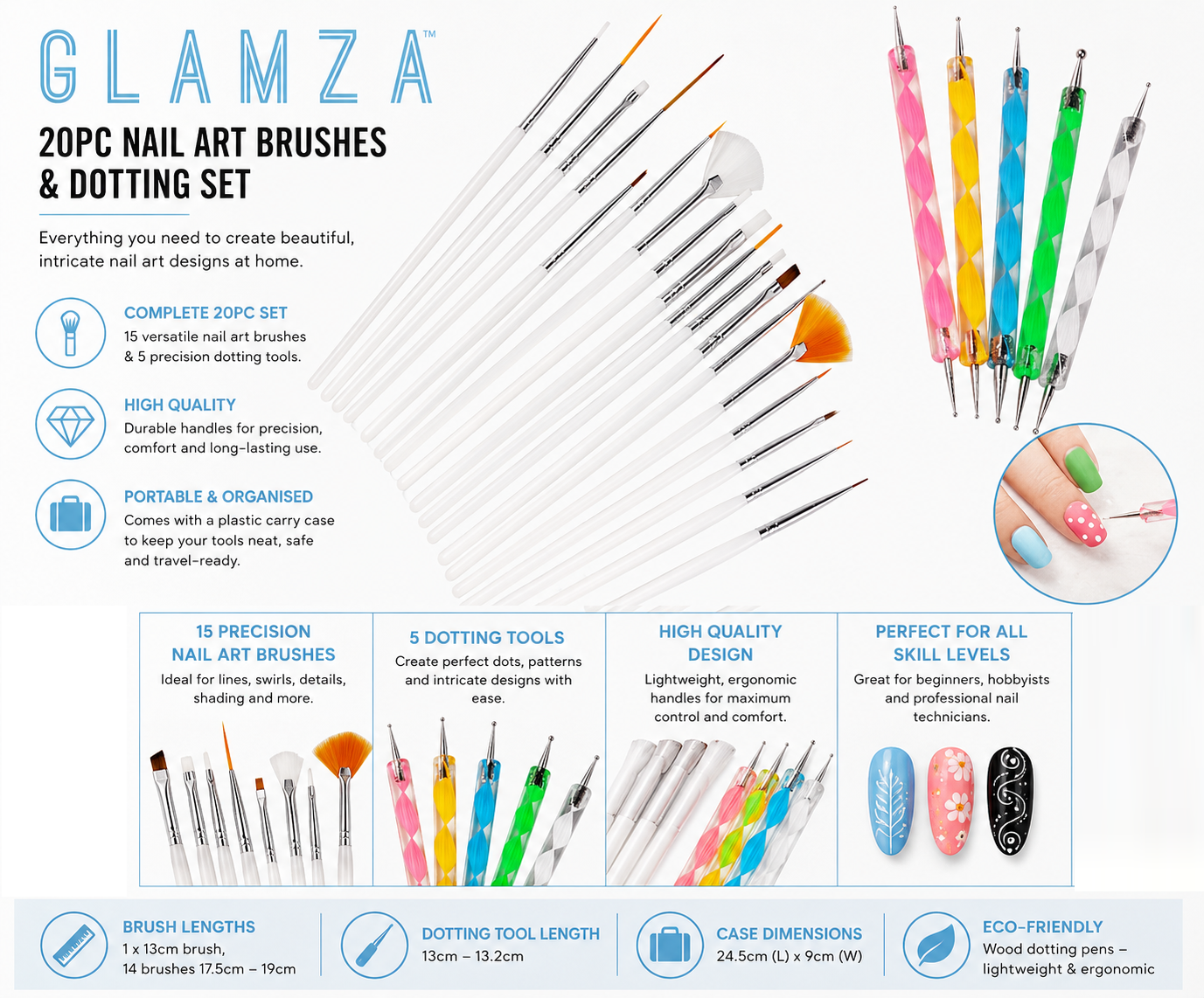 Glamza 20pc Nail Art Brushes & Dotting Set | Professional Nail Art Kit