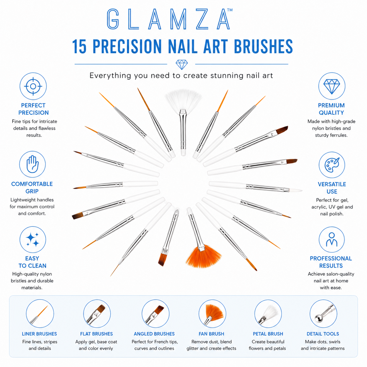 Glamza 20pc Nail Art Brushes & Dotting Set | Professional Nail Art Kit
