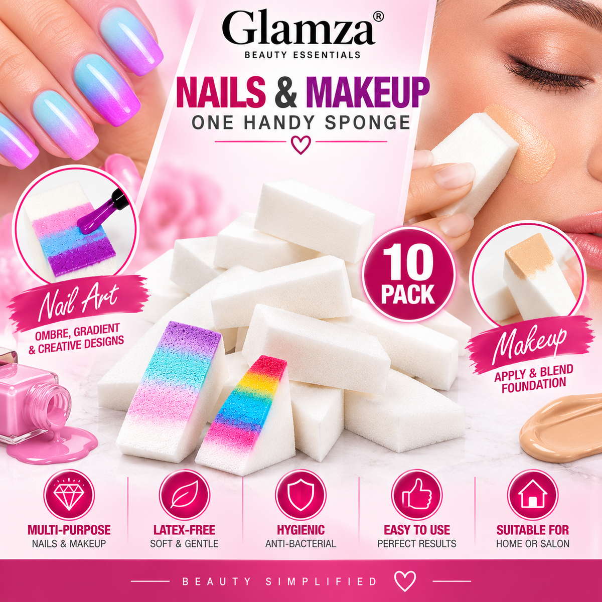 Glamza Nail Art &amp; Makeup Sponges – 10 Pack Latex-Free Cosmetic Wedges