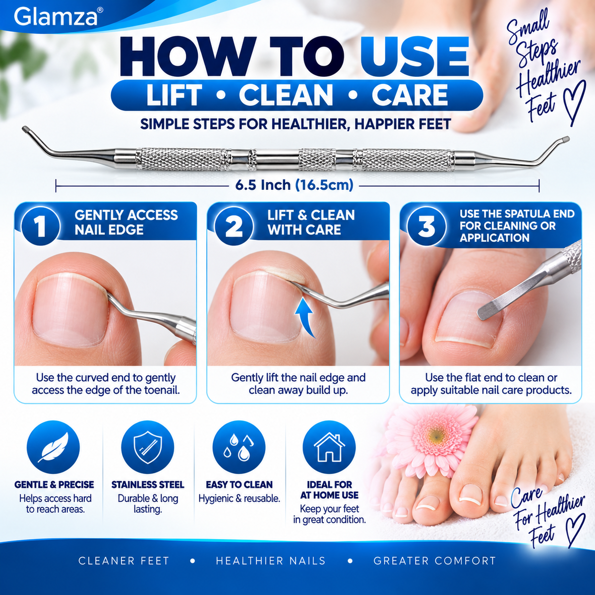 Glamza Double Ended Ingrown Toenail Corrector & Lifter Tool – Stainless Steel Nail Cleaner