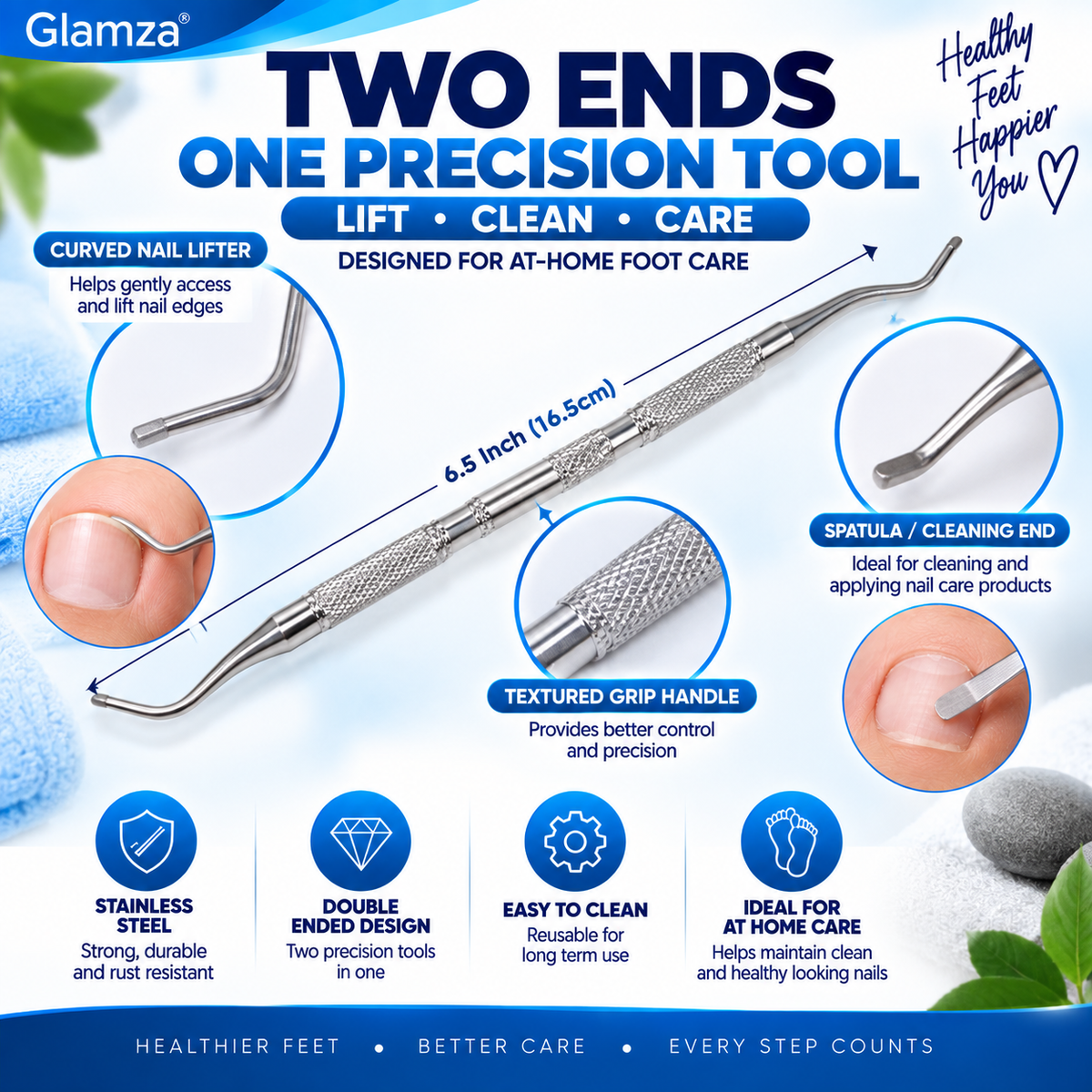 Glamza Double Ended Ingrown Toenail Corrector & Lifter Tool – Stainless Steel Nail Cleaner