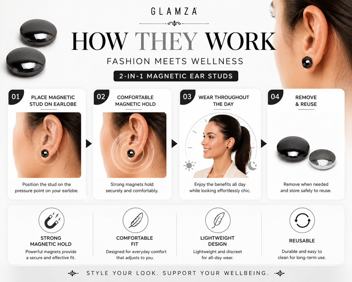 Glamza 2-in-1 Black Ear Studs &amp; Magnetic Slimming Studs – Fashion Meets Wellness