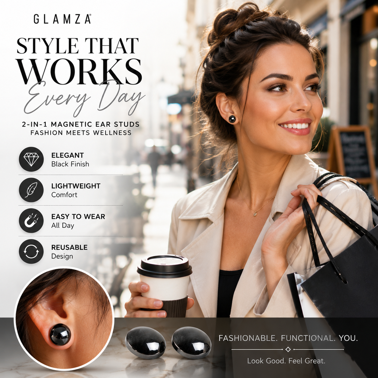 Glamza 2-in-1 Black Ear Studs &amp; Magnetic Slimming Studs – Fashion Meets Wellness
