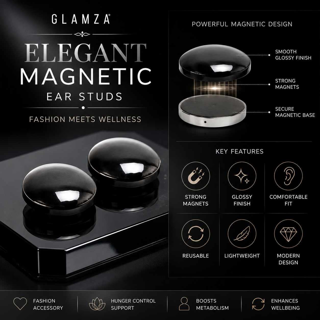 Glamza 2-in-1 Black Ear Studs &amp; Magnetic Slimming Studs – Fashion Meets Wellness