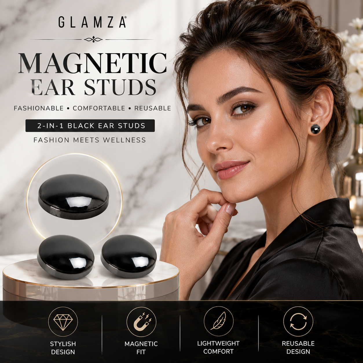 Glamza 2-in-1 Black Ear Studs &amp; Magnetic Slimming Studs – Fashion Meets Wellness