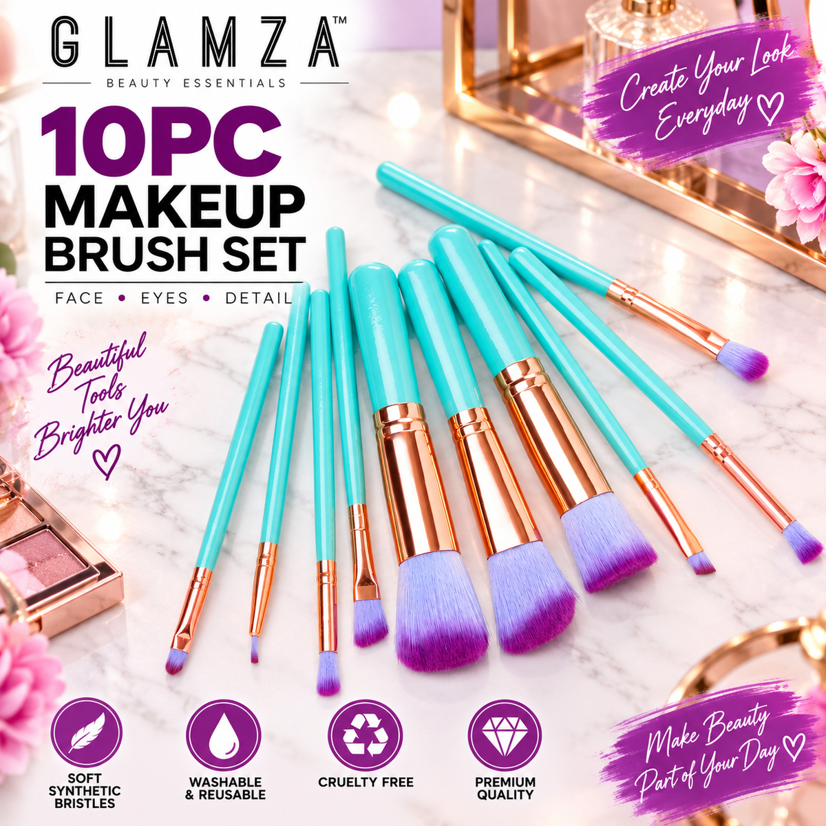 Glamza 10 Piece Makeup Brush Set – Synthetic Cosmetic Brushes
