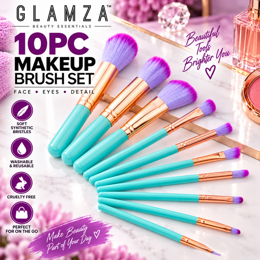 Glamza 10pc Half Mermaid Half Unicorn Brush Set with Free Matching Storage Case