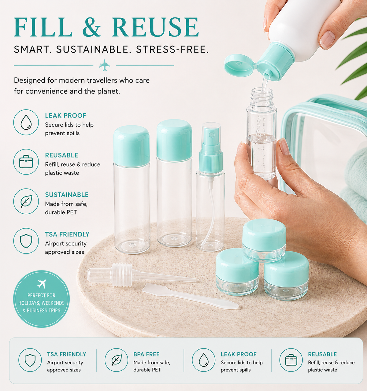 Glamza 9pc Travel Bottle Set with Carry Bag – Pink or Green Lids