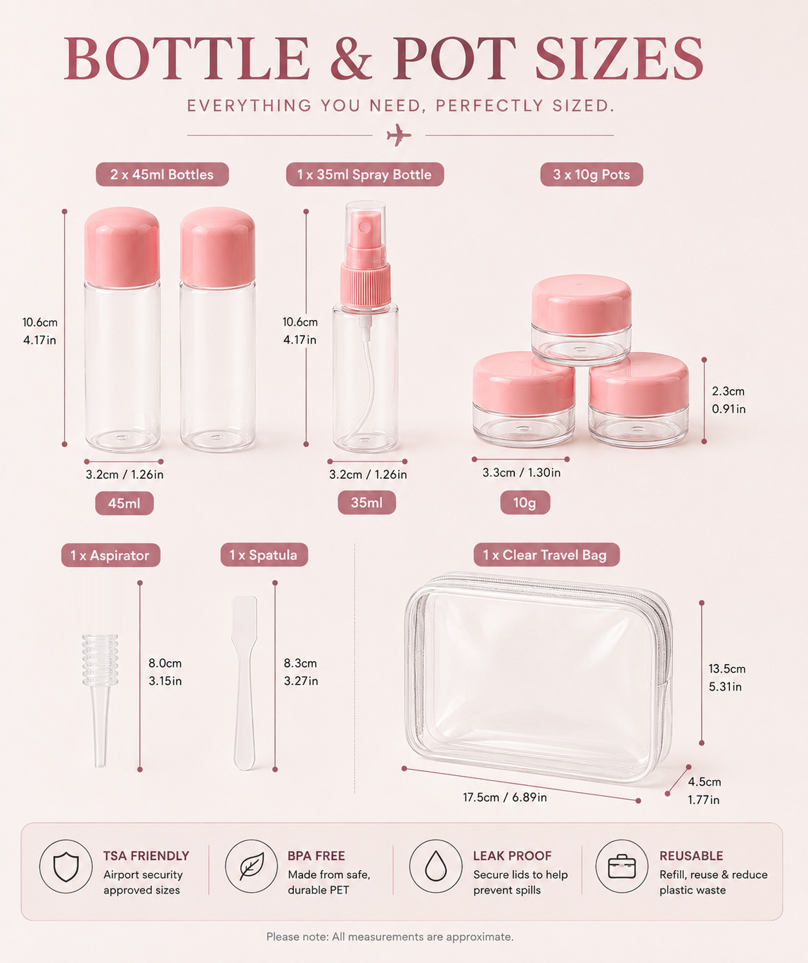Glamza 9pc Travel Bottle Set with Carry Bag – Pink or Green Lids