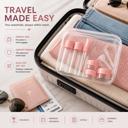 Glamza 9pc Travel Bottle Set with Carry Bag – Pink or Green Lids
