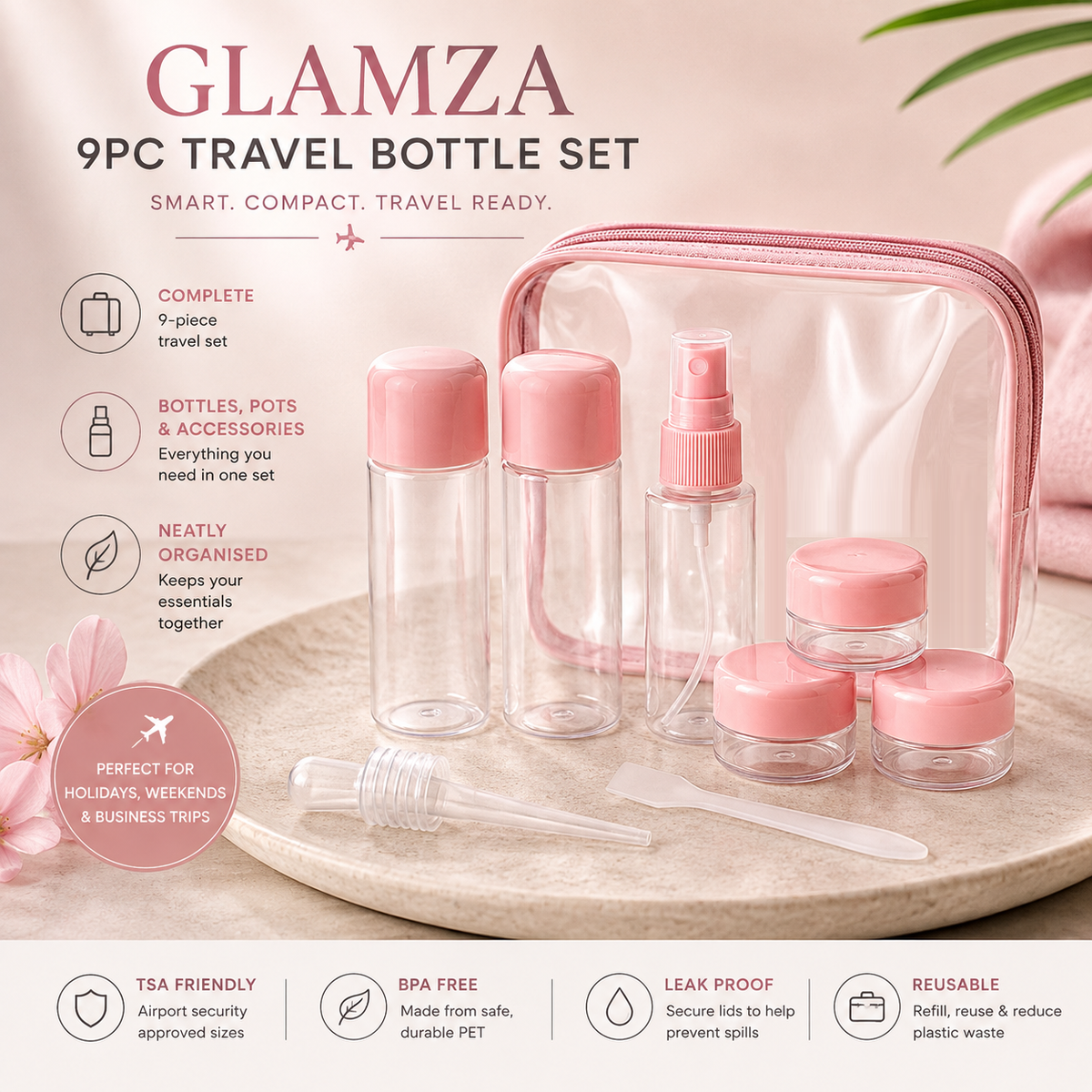 Glamza 9pc Travel Bottle Set with Carry Bag – Pink or Green Lids
