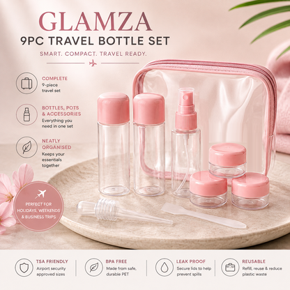 Glamza 9pc Travel Bottle Set with Carry Bag – Pink or Green Lids