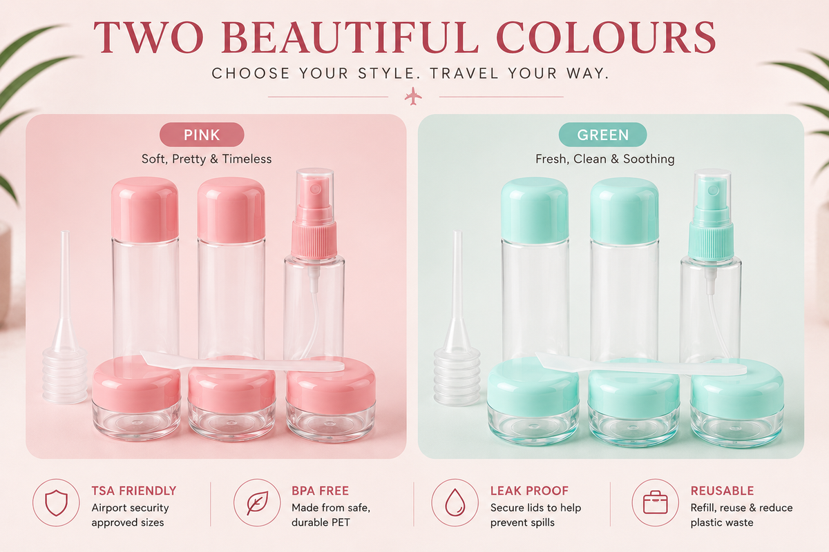 Glamza 9pc Travel Bottle Set with Carry Bag – Pink or Green Lids