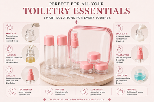 Glamza 9pc Travel Bottle Set with Carry Bag – Pink or Green Lids