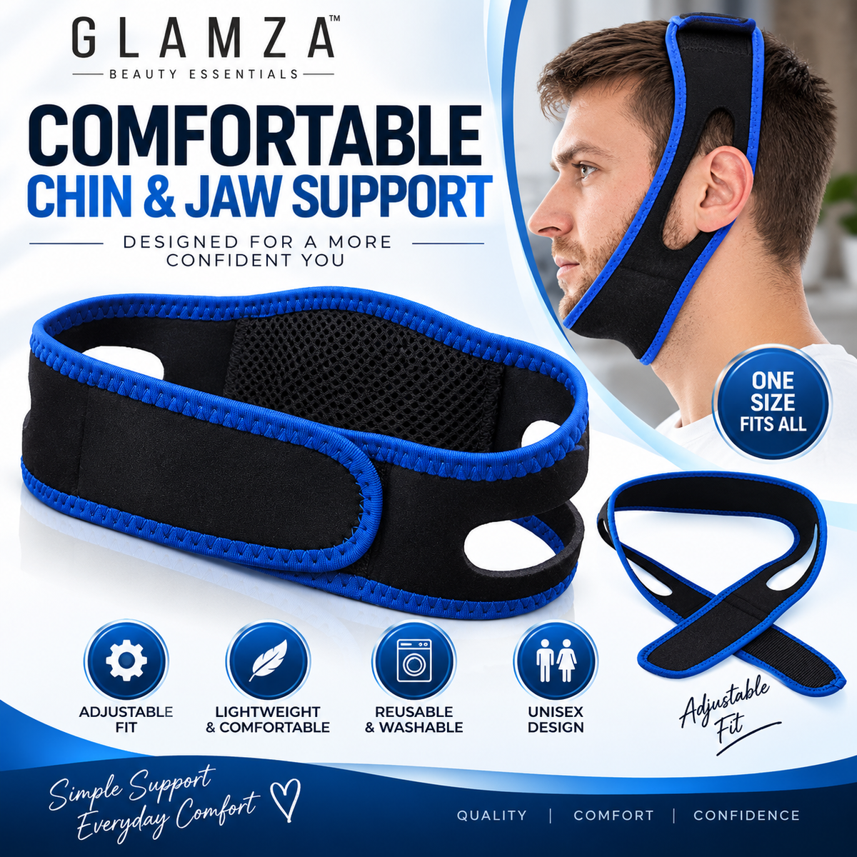 Glamza Face & Chin Support Strap – Adjustable Black & Blue Facial Wrap