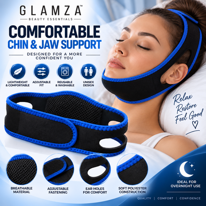 Glamza Face & Chin Support Strap – Adjustable Black & Blue Facial Wrap