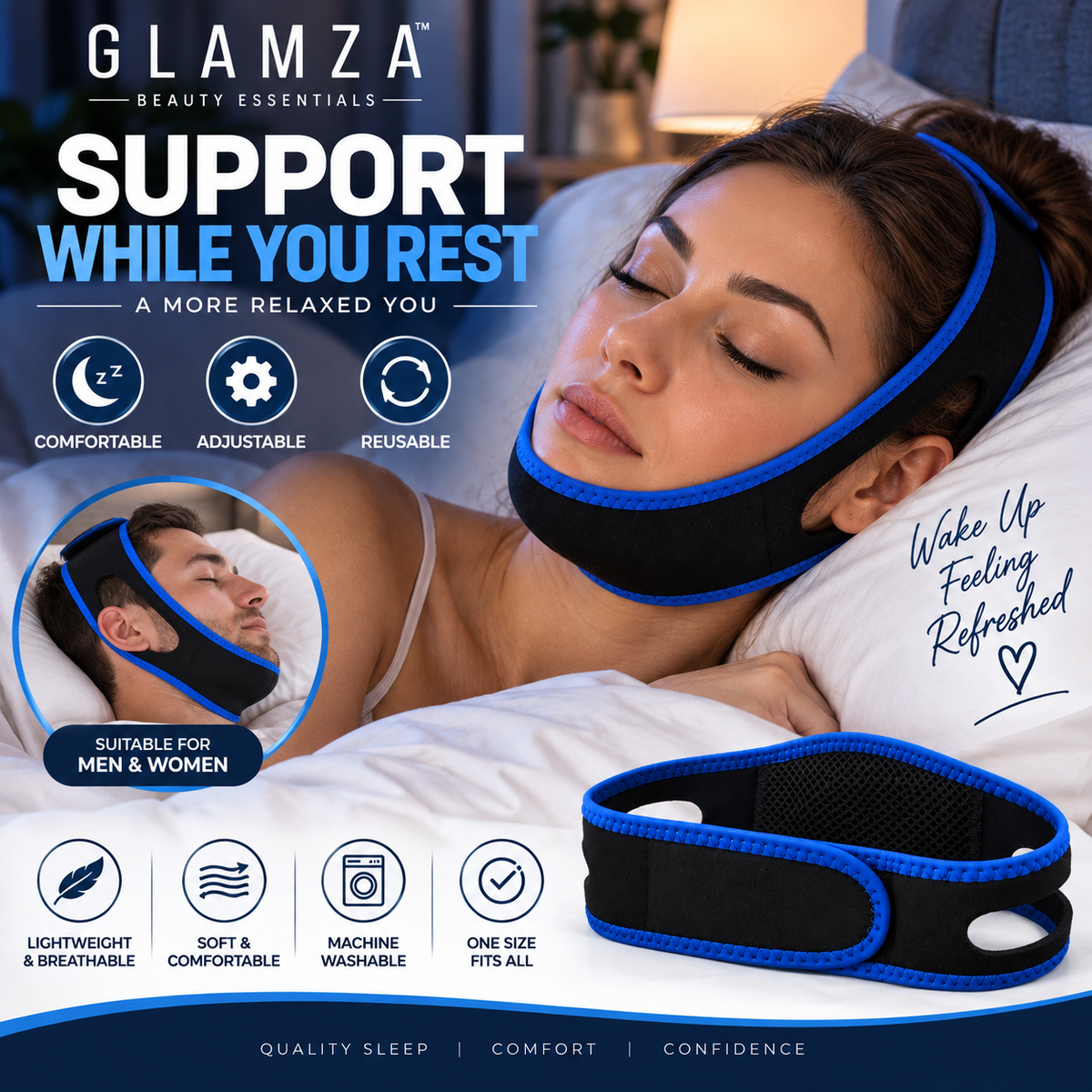 Glamza Face & Chin Support Strap – Adjustable Black & Blue Facial Wrap