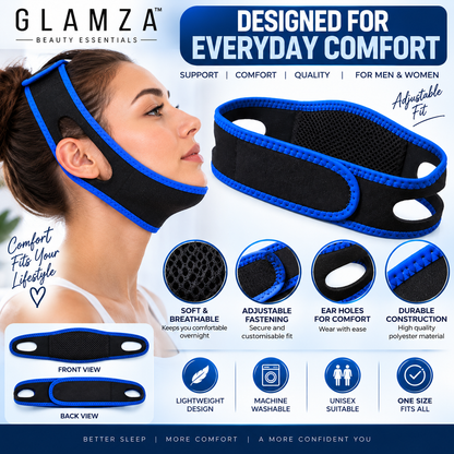 Glamza Face & Chin Support Strap – Adjustable Black & Blue Facial Wrap