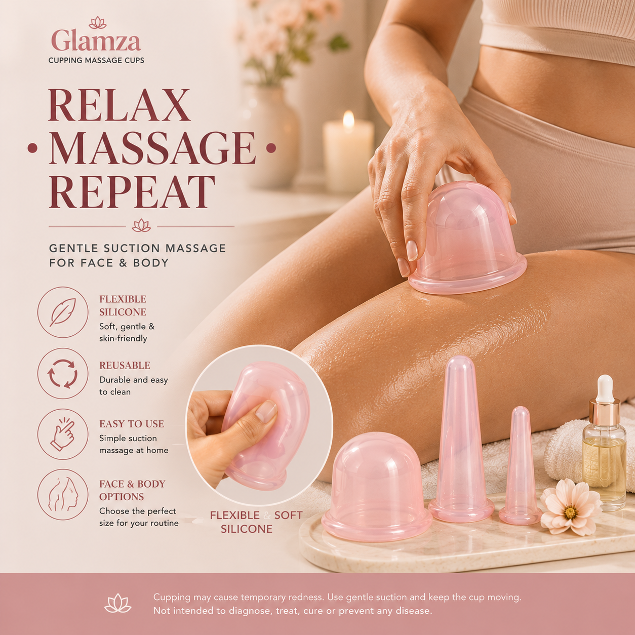 Glamza Cupping Massage Cups – Silicone Face & Body Massage Cups