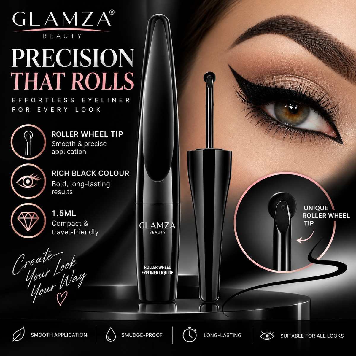 Glamza Black Roller Wheel Eyeliner – Precision Beauty for Every Look
