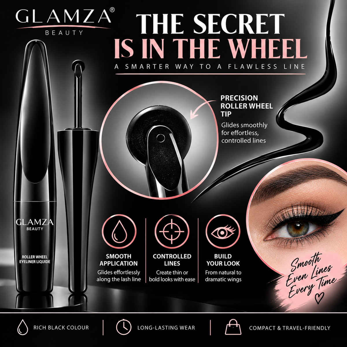Glamza Black Roller Wheel Eyeliner – Precision Beauty for Every Look