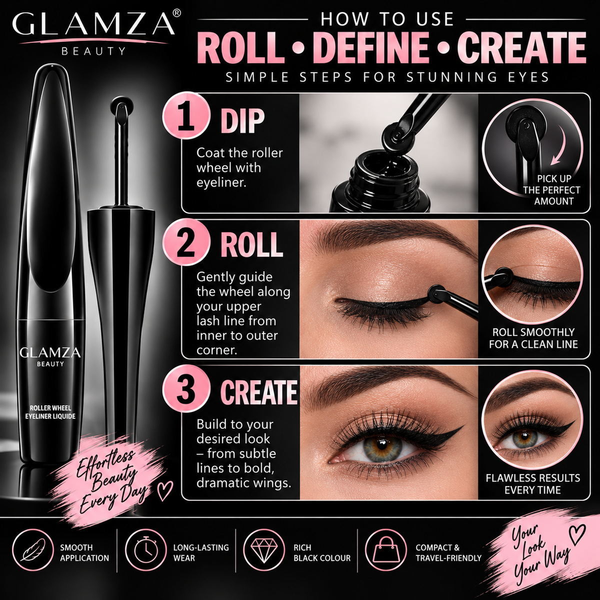 Glamza Black Roller Wheel Eyeliner – Precision Beauty for Every Look