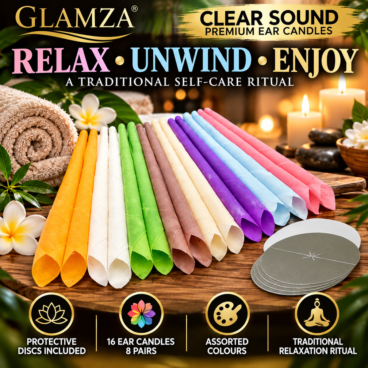 Glamza Clear Sound Premium Ear Candles – 16 Candles / 8 Pairs with Protective Discs (Unboxed)