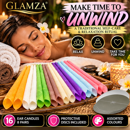 Glamza Clear Sound Premium Ear Candles – 16 Candles / 8 Pairs with Protective Discs (Unboxed)