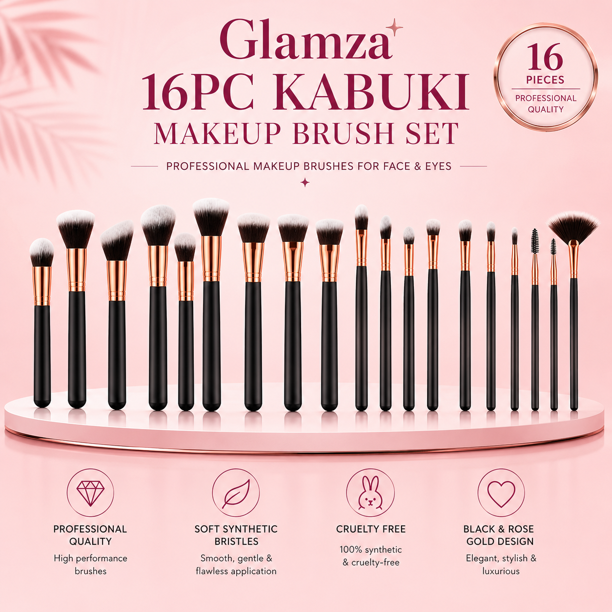 Glamza 16pc Kabuki Make Up Brush Set - Black and Gold