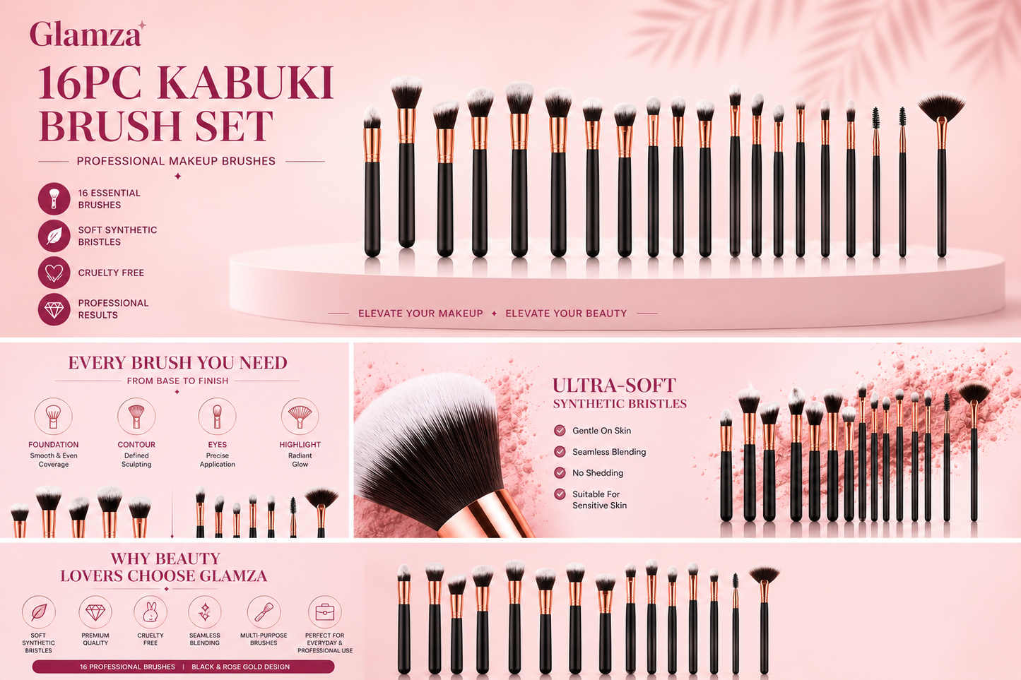 Glamza 16pc Kabuki Make Up Brush Set - Black and Gold
