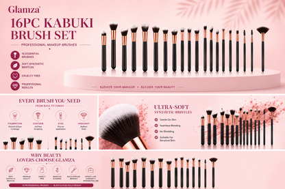 Glamza 16pc Kabuki Make Up Brush Set - Black and Gold