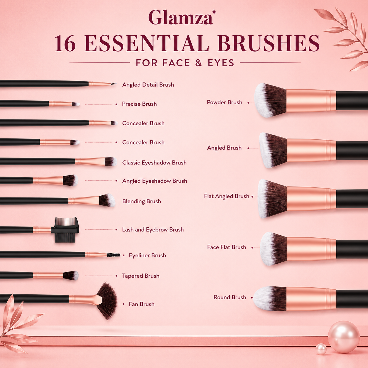 Glamza 16pc Kabuki Make Up Brush Set - Black and Gold