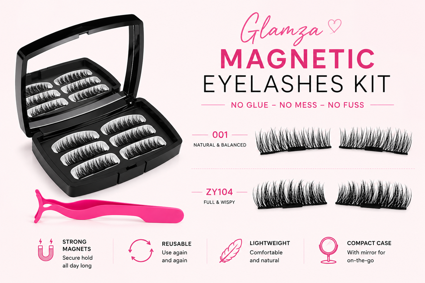 Glamza Magnetic False Eyelash Set in Black Case With Mirror and Eyelash Applicator