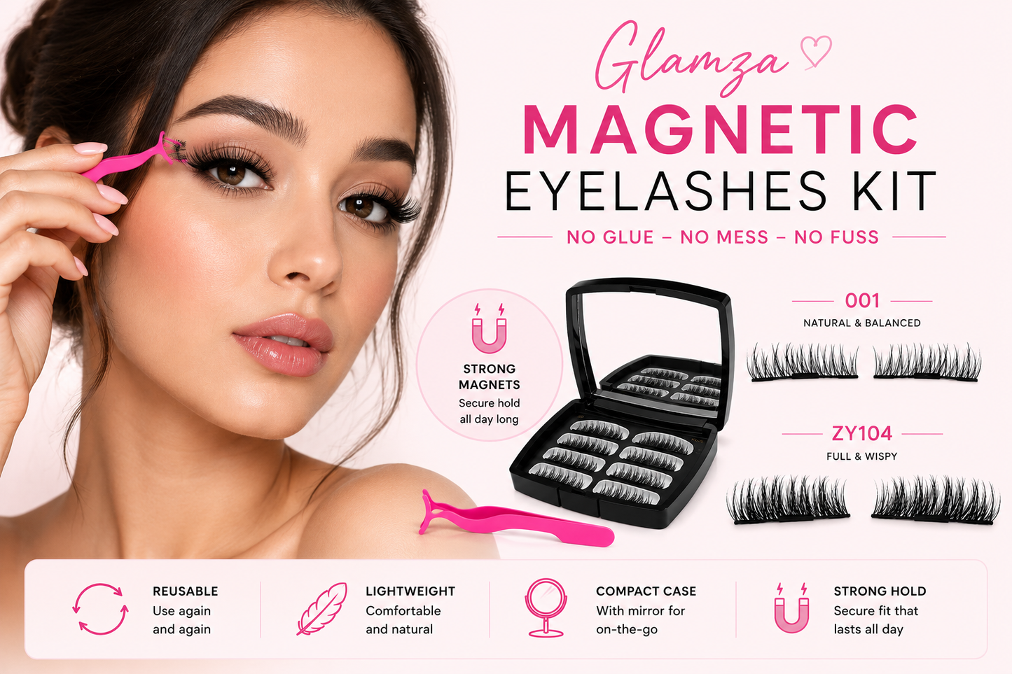 Glamza Magnetic False Eyelash Set in Black Case With Mirror and Eyelash Applicator