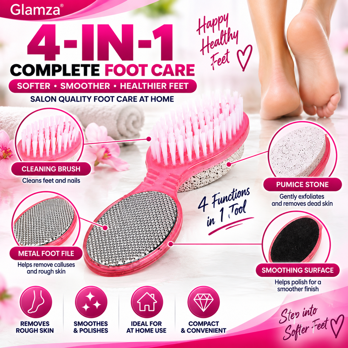 Glamza 4-in-1 Foot Exfoliating Pedicure Tool – Callus Remover, Foot File, Pumice Stone & Cleaning Brush