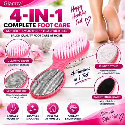 Glamza 4-in-1 Foot Exfoliating Pedicure Tool – Callus Remover, Foot File, Pumice Stone & Cleaning Brush