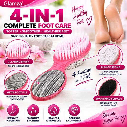 Glamza 4-in-1 Foot Exfoliating Pedicure Tool – Callus Remover, Foot File, Pumice Stone & Cleaning Brush