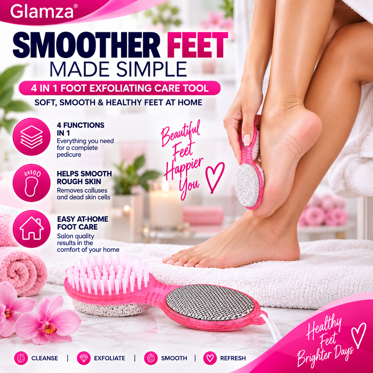 Glamza 4-in-1 Foot Exfoliating Pedicure Tool – Callus Remover, Foot File, Pumice Stone & Cleaning Brush