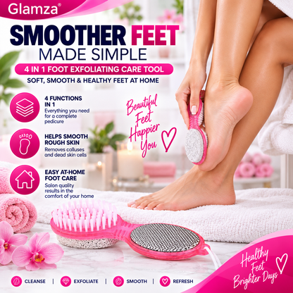 Glamza 4-in-1 Foot Exfoliating Pedicure Tool – Callus Remover, Foot File, Pumice Stone & Cleaning Brush