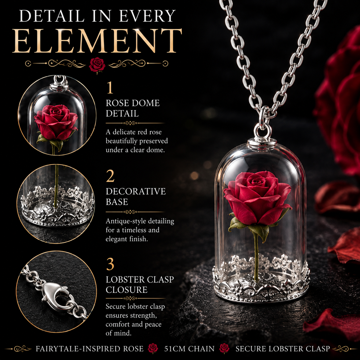 Beauty & the Beast Inspired Red Rose Dome Pendant Necklace – Silver-Tone 51cm Chain
