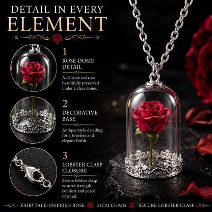 Beauty & the Beast Inspired Red Rose Dome Pendant Necklace – Silver-Tone 51cm Chain