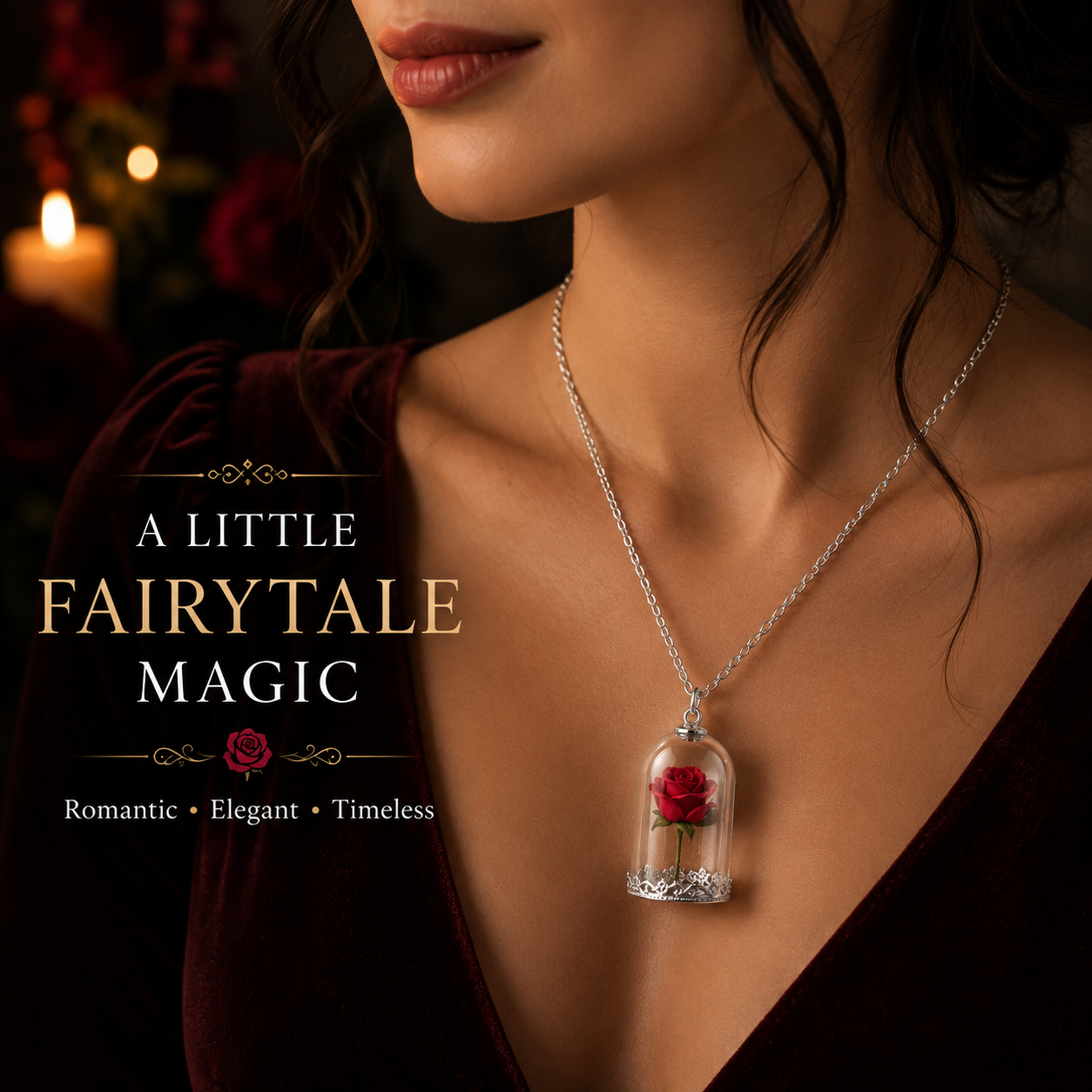 Beauty & the Beast Inspired Red Rose Dome Pendant Necklace – Silver-Tone 51cm Chain